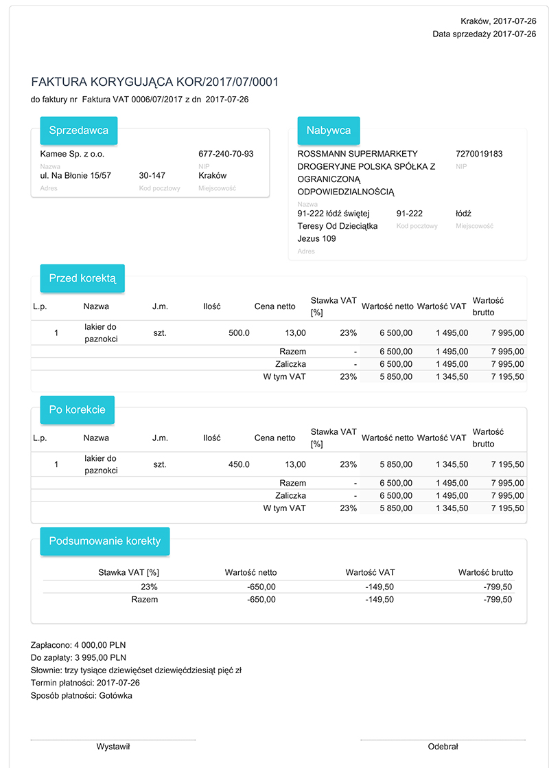 Faktura korygująca w systemie CRM